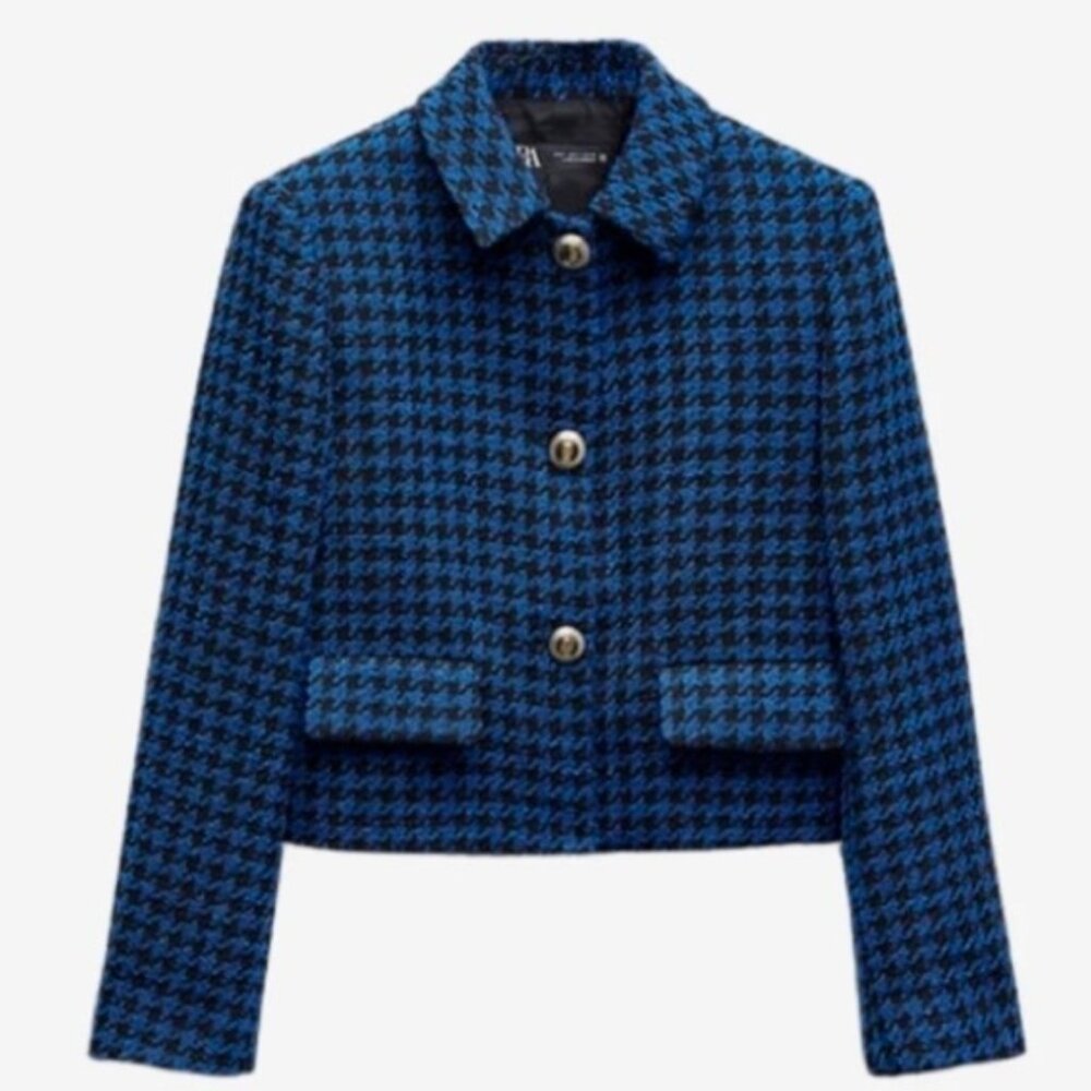 ZARA  Houndstooth Textured Tweed Cropped Blazer Jacket Sz M Blue Black Preppy